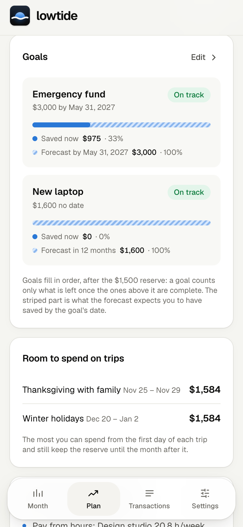 A savings goal with what is saved now and the forecast by its date.