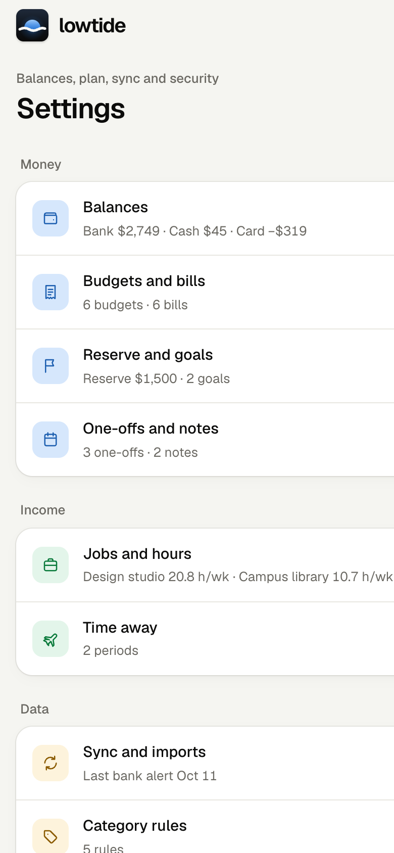 Settings grouped into money, income, data and account.