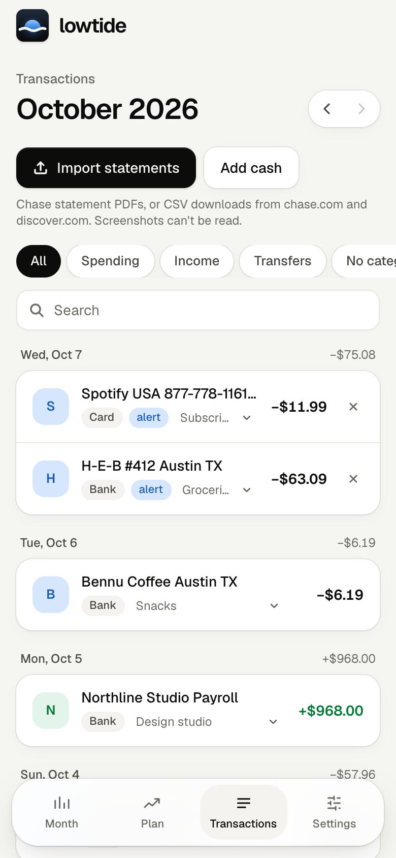 Transactions grouped by day, with merchant initials and categories.
